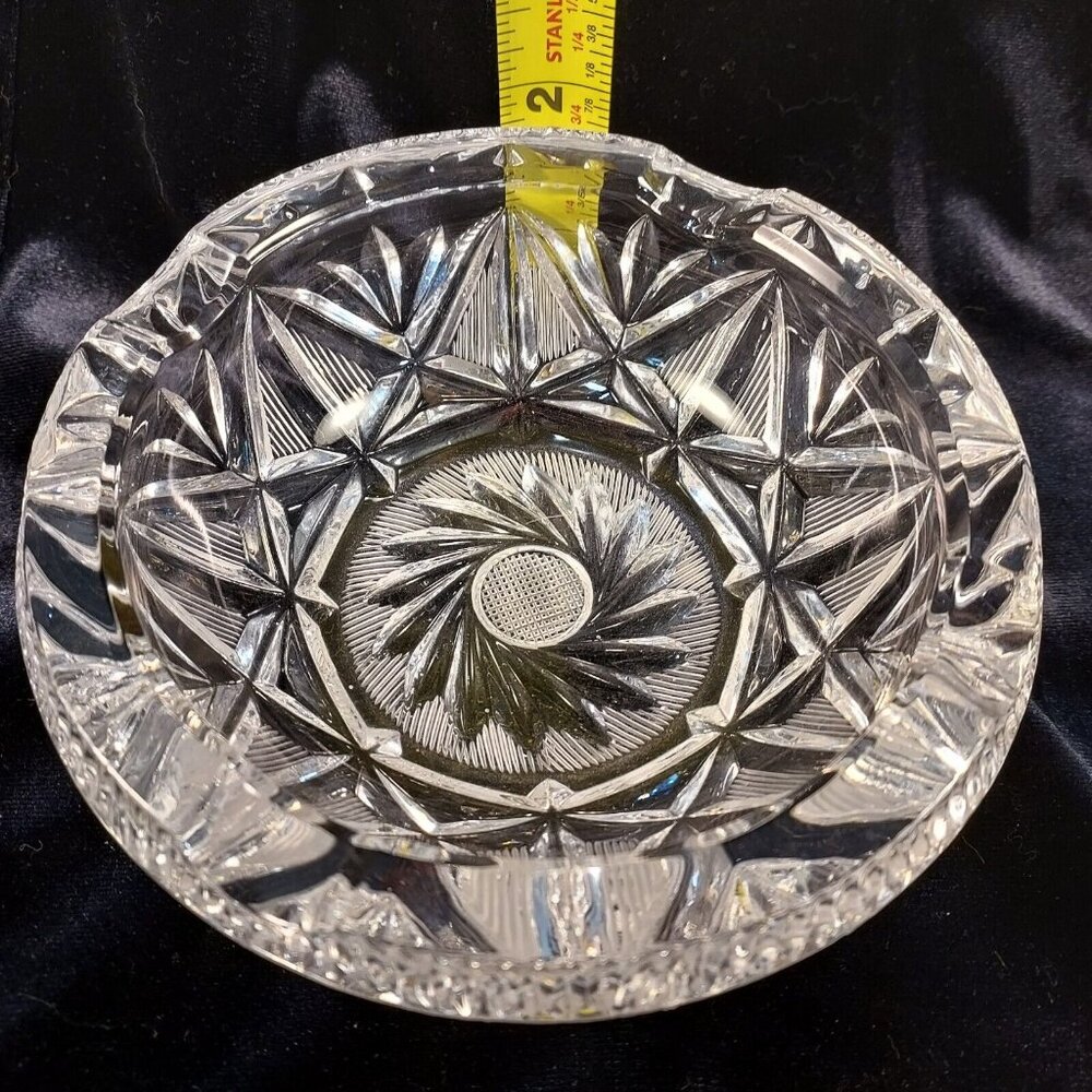 Vintage Cut Bohemia Czech Crystal Ash Dish Round 5.5 Diameter Geometric Design - Picture 5 of 8